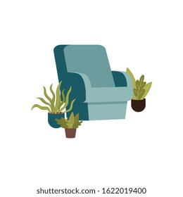 Blue arm chair surrounded by green potted plants isolated on white background - urban jungle style interior design decor. Flat cartoon vector illustration.