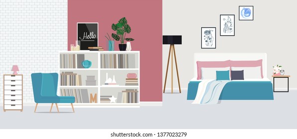 Blue armchair against the backdrop of a pink wall in a spacious, bright bedroom. Vector flat illustration.