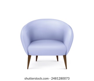 Blue armchair isolated on white background. Vector realistic illustration of modern furniture for interior design, soft textile or leather seat on wooden chair legs, restaurant, office or home element