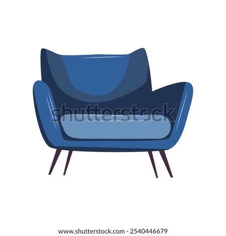 Blue armchair with legs in flat design. Classic sofa for living room. Vector illustration isolated.