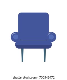 Blue armchair on two thin legs vector illustration isolated on white. Cosy seat made of velvet cloth, chair icon in cartoon style
