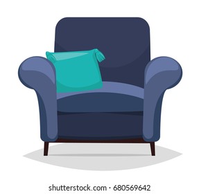 Blue armchair and pillow. Vector illustration isolated on white background.