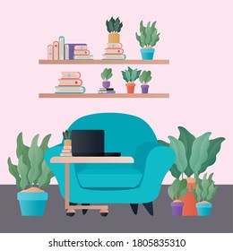 blue armchair with plants and laptop in living room design, Home decoration interior living building apartment and residential theme Vector illustration
