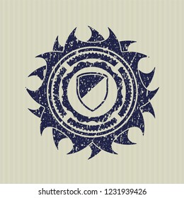 Blue armor icon inside rubber grunge stamp