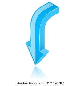 Blue arrow. 3d shiny downwards sign. Vector illustration isolated on white background