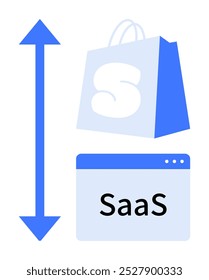 Seta azul ao lado do saco de compras com símbolo S acima da janela do navegador SaaS. Ideal para computação em nuvem, comércio eletrônico, serviços de software, avanço tecnológico e soluções empresariais modernas. Simples, limpo