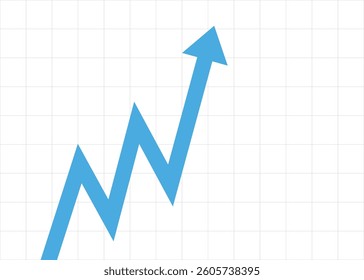 Blue arrow business graph pointing up volatile with grid background representing profit and progress