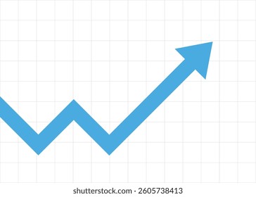 Blue arrow business graph pointing up zigzag with grid background representing profit and progress
