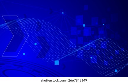 blauer Pfeil mit Kreisen Schaltung elektronischer Cyberspace und Punkt-Linie Wellenkurve abstrakter High-Tech-Hintergrund