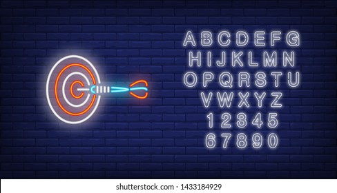 Blue arrow dart in target neon sign. Illustration of dart in rad target on dark blue brick background. Can be used for topics like entertainment, games, advertisement