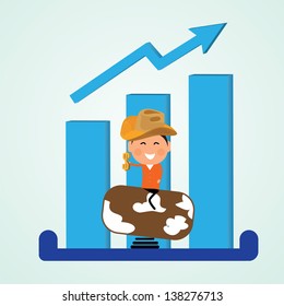 blue  arrow diagram chart and  cartoon cowboy with money in her hand
