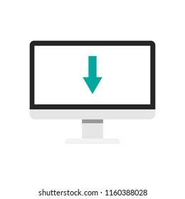 Blue arrow down on the computer screen. Flat icon.