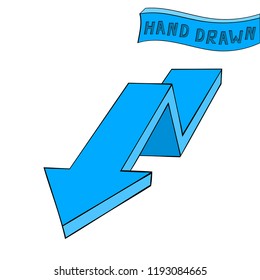 Blue arrow. Down sign. Hand drawn sketch. Vector illustration isolated on white background
