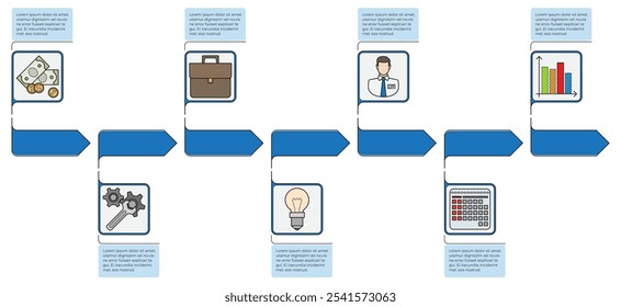 Blue arrow flowchart with square boxes containing icons of money, briefcase, doctor, graphs, tools, bulb, calculator. Boxes have text. Ideal for business presentations, process optimization, project