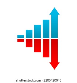Blue arrow graph growing uptrend and red graph downward trend financial business statistics flat vector icon design.