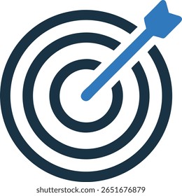 Uma seta azul atinge o centro de um alvo com círculos concêntricos. Representa precisão, foco e realização de metas. Símbolo de sucesso e precisão nos negócios.