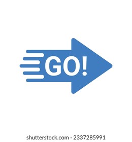 blue arrow icon with go word like action. concept of choice of direction or direction badge. abstract flat trend modern move or way logotype graphic web design element isolated on white background