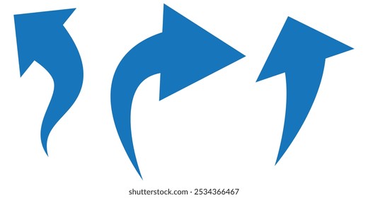 Blue arrow icon. Blue long curved arrow on white background. Long arrow. Curved arrow.