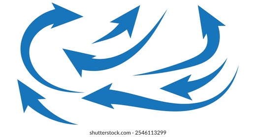 Blue arrow icon. Blue long curved arrow on white background. Long arrow. Curved arrow.