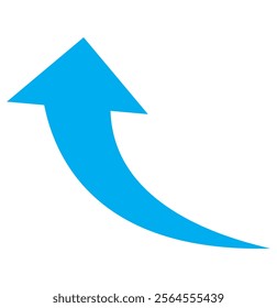 Blue arrow icon. Blue long curved arrow on white background. Long arrow. Curved arrow.