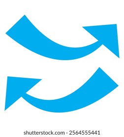 Blue arrow icon. Blue long curved arrow on white background. Long arrow. Curved arrow.