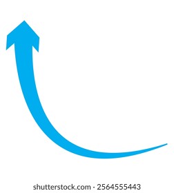 Blue arrow icon. Blue long curved arrow on white background. Long arrow. Curved arrow.