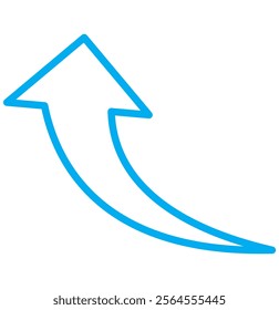 Blue arrow icon. Blue long curved arrow on white background. Long arrow. Curved arrow.