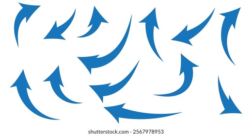 Blue arrow icon. Blue long curved arrow on white background. Long arrow. Curved arrow.