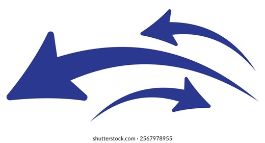 Blue arrow icon. Blue long curved arrow on white background. Long arrow. Curved arrow.