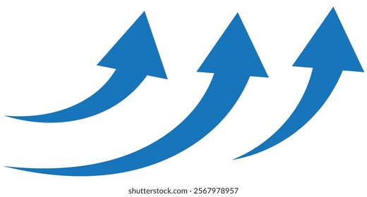 Blue arrow icon. Blue long curved arrow on white background. Long arrow. Curved arrow.