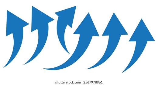 Blue arrow icon. Blue long curved arrow on white background. Long arrow. Curved arrow.