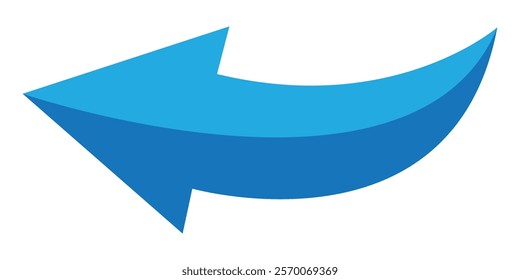 Blue arrow icon. Blue long curved arrow on white background. Long arrow. Curved arrow