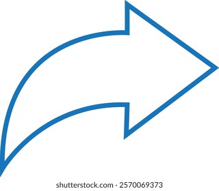 Blue arrow icon. Blue long curved arrow on white background. Long arrow. Curved arrow