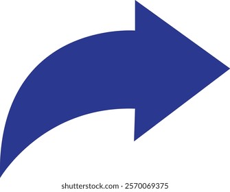 Blue arrow icon. Blue long curved arrow on white background. Long arrow. Curved arrow