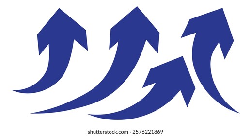 Blue arrow icon. Blue long curved arrow on white background. Long arrow. Curved arrow.