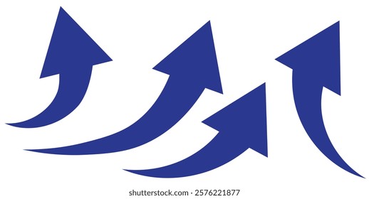 Blue arrow icon. Blue long curved arrow on white background. Long arrow. Curved arrow.