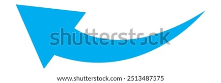 Blue arrow icon. Blue long curved arrow on white background. Long arrow. Curved arrow.