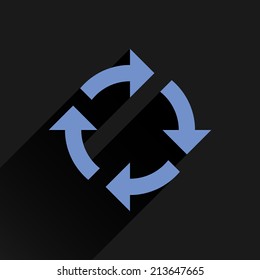 Blue arrow icon reload, refresh, rotation, reset, repeat sign 08. Web pictogram with gray long shadow on white background. Simple, solid, plain, flat style. Vector illustration graphic design 8 eps
