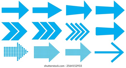 Blue Arrow icon set. Vector arrow. Collection of different arrows icons. Arrow icon. Cursor, pointer for web design, interface. Vector illustration. Set arrow icon. Collection different arrows sign. 