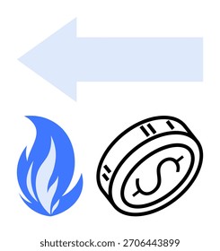 Flecha azul que indica la dirección por encima de una llama azul y una moneda con signo de dólar. Ideal para el crecimiento financiero, dirección de negocios, estrategias de inversión, decisiones monetarias, tendencias económicas, ahorro