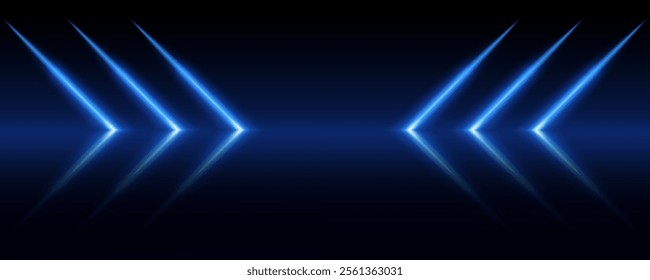 Blue arrow neon laser lines in dark studio background abstract pattern. Empty space in room with shiny reflective stage. Night scene product. Beautiful flash and sparkle movement and speed.