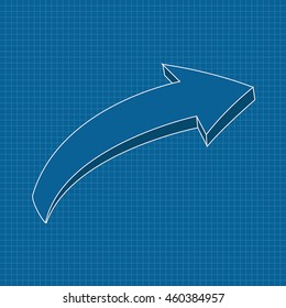 Blue arrow on blueprint grid background. Right. Vector illustration