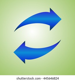 Blue arrow on a green background, icon sign. Vector illustration.