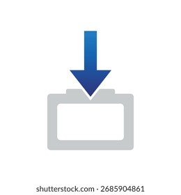 Una flecha azul que apunta hacia abajo en una caja gris. Esta Ilustración vectorial está aislada sobre un fondo blanco. Se puede utilizar para el diseño del Web o del App.