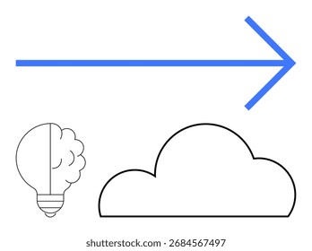Flecha azul que apunta hacia adelante por encima de la bombilla y el contorno de la nube. Ideal para innovación, creatividad, planificación futura, tecnología, sesiones de lluvia de ideas, desarrollo de estrategias, progreso. Metáfora de línea