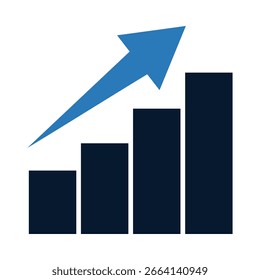 Blue arrow pointing up over dark blue bar graph upward trend growth