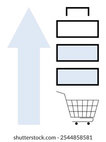 Blue arrow pointing upward near stack of three rectangular boxes and a shopping cart. Ideal for e-commerce growth online shopping retail increase sales digital marketing business progress