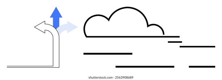 A blue arrow points upward next to a curved arrow and a minimalist cloud. Ideal for navigation weather forecasting direction change strategic planning transportation. Simple modern abstract style