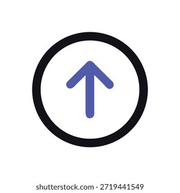 Una flecha azul apunta hacia arriba, centrada dentro de un círculo gris oscuro sobre un fondo blanco. El estilo gráfico plano es simple y moderno.