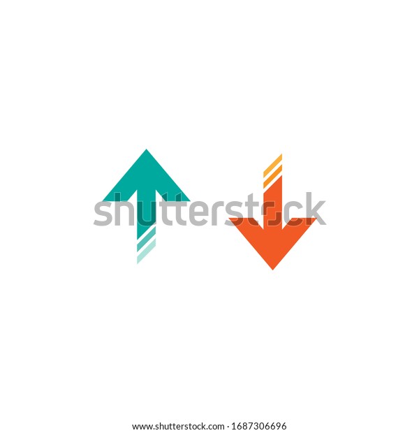 blue arrow up in and red arrow down in box. flat\
icon isolated on white. point down button. south sign. Upload icons\
set. Upgrade. download,\
share